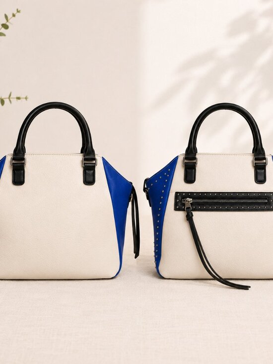 LD Handbags - Color Block Studded Satchel Bag Blue White Black Y2K Bold Statement Purse